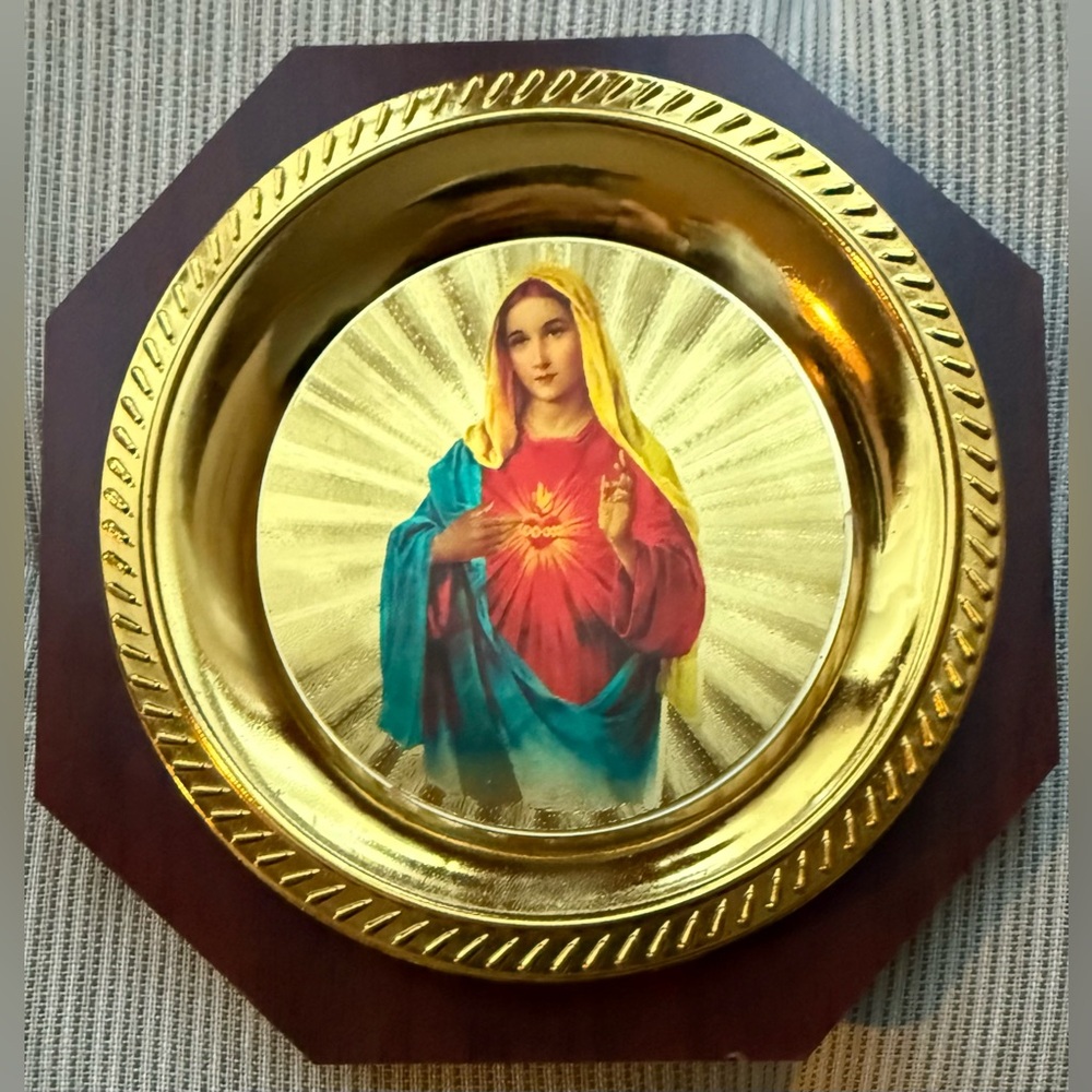 Religious Frame Mother Mary Sacred Heart Gold Tone & Wooden Octogonal design